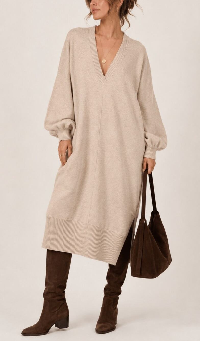 Free People Oversized Midi Sweater Dress Size S Beige Minimal Fall Lagen Scandi